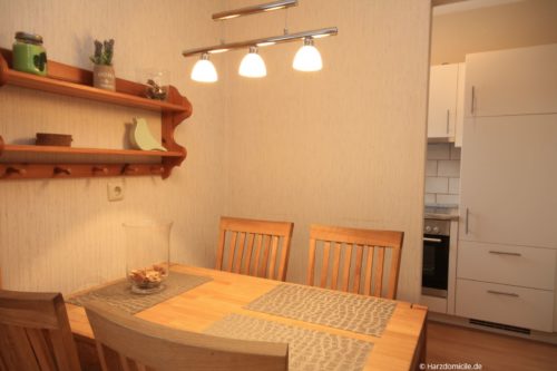 Wohn- /Essbereich mit Schlafcouch und offener Küche – Ferienwohnung Harzer Glück
